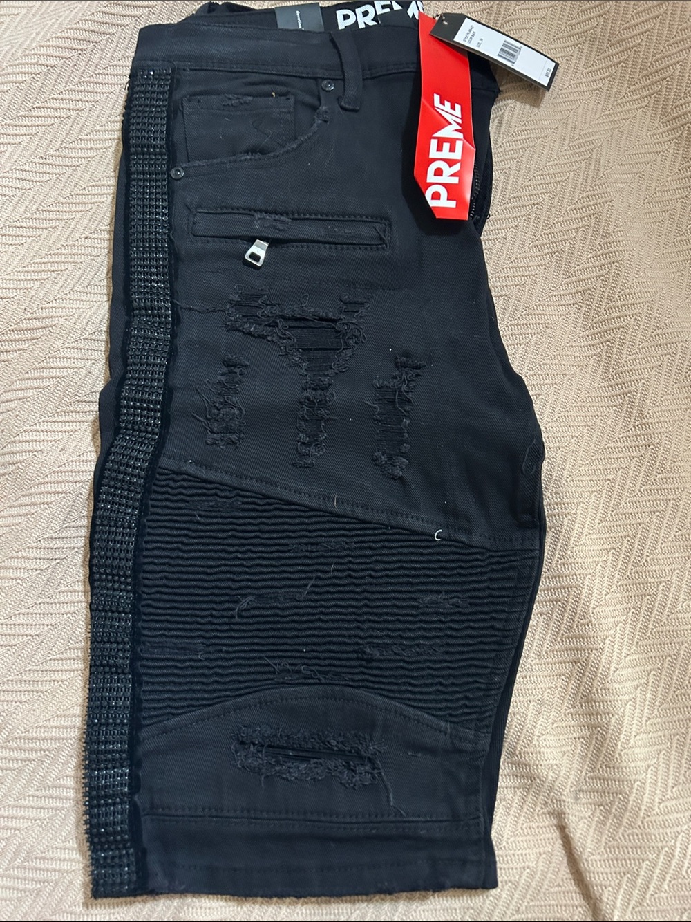 PREME Black Distressed Men’s Jean Shorts with Textured Panels